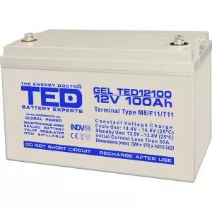 Acumulator 12V GEL Deep Cycle Solar, Dimensiuni 330 x 173 x 212 mm, Baterie 12V 100Ah M8, TED Electric TED004147