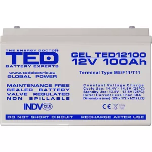 Acumulator 12V GEL Deep Cycle Solar, Dimensiuni 330 x 173 x 212 mm, Baterie 12V 100Ah M8, TED Electric TED004147