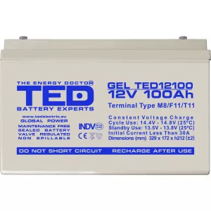 Acumulator 12V GEL Deep Cycle Solar, Dimensiuni 330 x 173 x 212 mm, Baterie 12V 100Ah M8, TED Electric TED004147