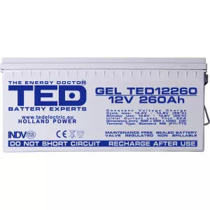 Acumulator 12V GEL Deep Cycle Solar, Dimensiuni 520 x 268 x 220 mm, Baterie 12V 260Ah M8, TED Electric TED003539