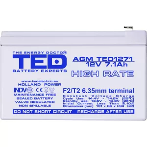 Acumulator 12V High Rate, Dimensiuni 151 x 65 x 95 mm, Baterie 12V 7.1Ah F2, TED Electric TED003300