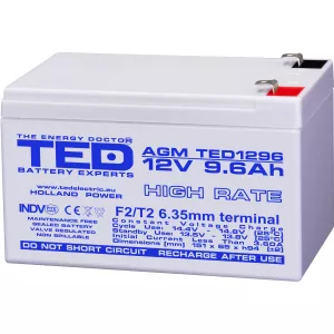 Acumulatori Stationari Etansi - Acumulator 12V High Rate, Dimensiuni 151 x 65 x 95 mm, Baterie 12V 9.6Ah F2, TED Electric TED003324, globstar.ro