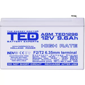 Acumulator 12V High Rate, Dimensiuni 151 x 65 x 95 mm, Baterie 12V 9.6Ah F2, TED Electric TED003324