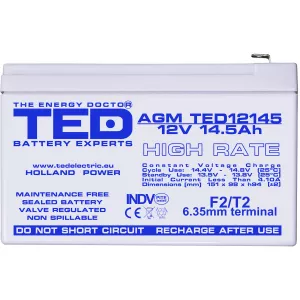 Acumulator 12V High Rate, Dimensiuni 151 x 98 x 95 mm, Baterie 12V 14.5Ah F2, TED Electric TED002792