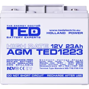 Acumulator 12V High Rate, Dimensiuni 181 x 76 x 167 mm, Baterie 12V 23Ah M5, TED Electric TED003362