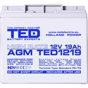 Acumulator 12V High Rate, Dimensiuni 181 x 76 x 167 mm, Baterie 12V 19Ah F3, TED Electric TED002815