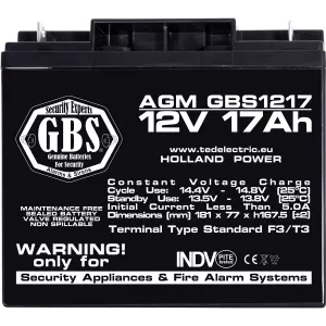 Acumulator 12V Sisteme Alarma, Dimensiuni 181 x 76 x 167 mm, Baterie 12V 17Ah F3, TED Electric GBS