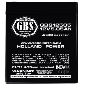 Acumulator 12V Sisteme Alarma, Dimensiuni 90 x 70 x 107 mm, Baterie 12V 5.05Ah F1, TED Electric GBS