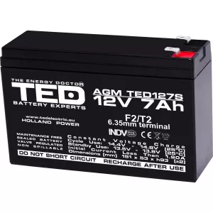 Acumulator 12V Stationar VRLA, Dimensiuni 149 x 49 x 95 mm, Baterie 12V 7Ah F2, TED Electric TED003195
