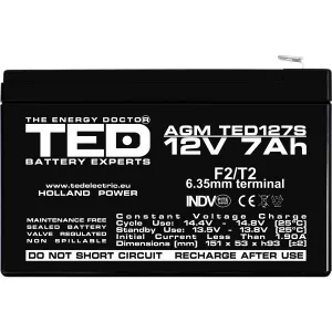 Acumulator 12V Stationar VRLA, Dimensiuni 149 x 49 x 95 mm, Baterie 12V 7Ah F2, TED Electric TED003195