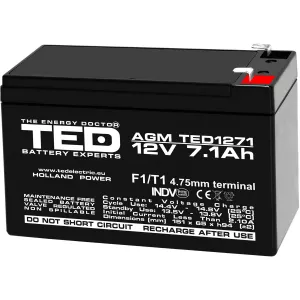 Acumulator 12V Stationar VRLA, Dimensiuni 151 x 65 x 95 mm, Baterie 12V 7.1Ah F1, TED Electric TED003416