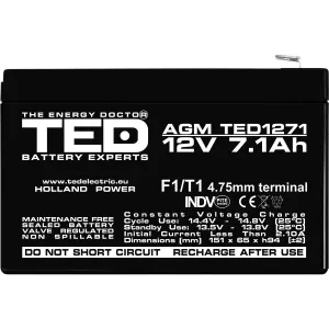 Acumulator 12V Stationar VRLA, Dimensiuni 151 x 65 x 95 mm, Baterie 12V 7.1Ah F1, TED Electric TED003416