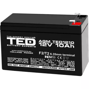 Acumulatori Stationari Etansi - Acumulator 12V Stationar VRLA, Dimensiuni 151 x 65 x 95 mm, Baterie 12V 10Ah F2, TED Electric TED002730, globstar.ro