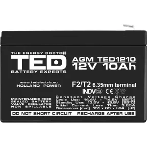 Acumulator 12V Stationar VRLA, Dimensiuni 151 x 65 x 95 mm, Baterie 12V 10Ah F2, TED Electric TED002730