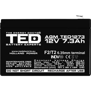 Acumulator 12V Stationar VRLA, Dimensiuni 151 x 65 x 95 mm, Baterie 12V 7.3Ah F2, TED Electric TED003249