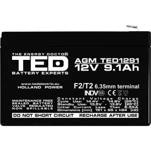 Acumulator 12V Stationar VRLA, Dimensiuni 151 x 65 x 95 mm, Baterie 12V 9.1Ah F2, TED Electric TED003263