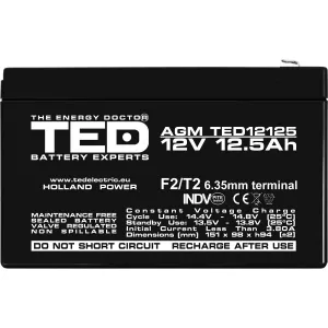 Acumulator 12V Stationar VRLA, Dimensiuni 151 x 98 x 95 mm, Baterie 12V 12.5Ah F2, TED Electric TED002754