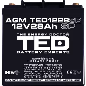 Acumulator 12V Stationar VRLA, Dimensiuni 165 x 125 x 175 mm, Baterie 12V 28Ah M6, TED Electric TED003430