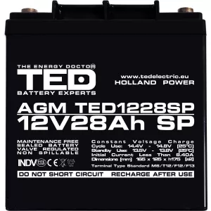 Acumulator 12V Stationar VRLA, Dimensiuni 165 x 125 x 175 mm, Baterie 12V 28Ah M6, TED Electric TED003430
