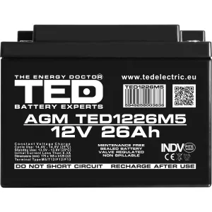 Acumulator 12V Stationar VRLA, Dimensiuni 165 x 175 x 125 mm, Baterie 12V 26Ah M5, TED Electric TED003638