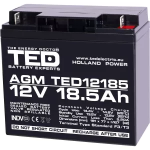 Acumulator 12V Stationar VRLA, Dimensiuni 181 x 76 x 167 mm, Baterie 12V 18.5Ah F3, TED Electric TED002778