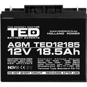 Acumulator 12V Stationar VRLA, Dimensiuni 181 x 76 x 167 mm, Baterie 12V 18.5Ah F3, TED Electric TED002778
