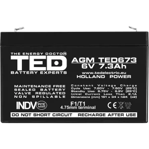 Acumulator 6V Stationar VRLA, Dimensiuni 151 x 34 x 95 mm, Baterie 6V 7.3Ah F1, TED Electric TED002976