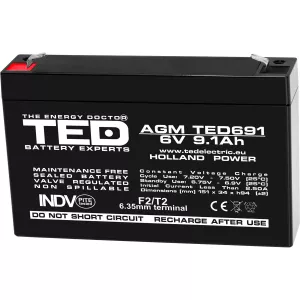 Acumulator 6V Stationar VRLA, Dimensiuni 151 x 34 x 95 mm, Baterie 6V 9.1Ah F2, TED Electric TED002990
