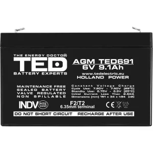 Acumulator 6V Stationar VRLA, Dimensiuni 151 x 34 x 95 mm, Baterie 6V 9.1Ah F2, TED Electric TED002990