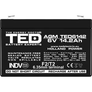 Acumulator 6V Stationar VRLA, Dimensiuni 151 x 50 x 95 mm, Baterie 6V 14.2Ah F2, TED Electric TED003034