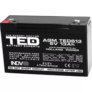 Acumulator 6V Stationar VRLA, Dimensiuni 151 x 50 x 95 mm, Baterie 6V 13Ah F1, TED Electric TED003010