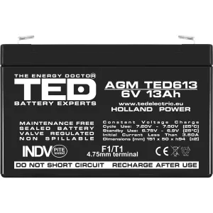 Acumulator 6V Stationar VRLA, Dimensiuni 151 x 50 x 95 mm, Baterie 6V 13Ah F1, TED Electric TED003010