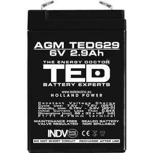 Acumulator 6V Stationar VRLA, Dimensiuni 65 x 33 x 99 mm, Baterie 6V 2.9Ah, TED Electric TED002877