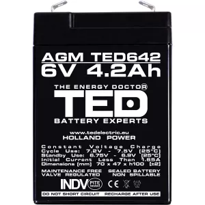 Acumulator 6V Stationar VRLA, Dimensiuni 70 x 48 x 101 mm, Baterie 6V 4.2Ah, TED Electric TED002914