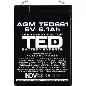 Acumulator 6V Stationar VRLA, Dimensiuni 70 x 48 x 101 mm, Baterie 6V 6.1Ah, TED Electric TED002938