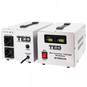 Monofazate - Stabilizator RESIGILAT tensiune monofazat 1.2KW 1200W cu ServoMotor si 2 iesiri Schuko + ecran LCD cu valorile tensiunii, TED Electric TED000132, globstar.ro