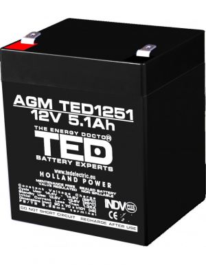 Acumulator 12V Stationar VRLA, Dimensiuni 90 x 70 x 98 mm, Baterie 12V 5.1Ah F2, TED Electric TED003157
