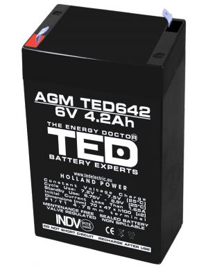 Acumulator 6V Stationar VRLA, Dimensiuni 70 x 48 x 101 mm, Baterie 6V 4.2Ah, TED Electric TED002914