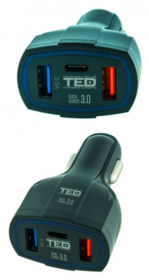 Alimentator Incarcator de la auto la 3x USB: 2x USB-A 3.5A + 1x USB-C Fast Charge 1.8A LZ-368 TED500093