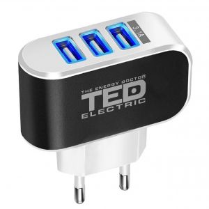 Alimentator Incarcator de la retea la 3x USB Maxim 3.1A 15W Alb TED288084