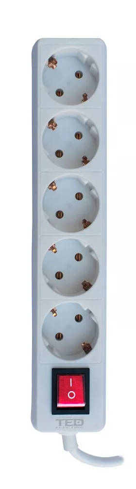 Prelungitor 5 metri cu 5 Schuko, Cablu 3x 1.5mm, Culoare Alb, Putere 3680W 16A, TED Electric TED003850