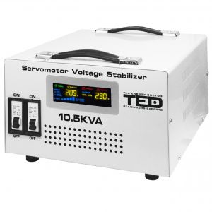 Stabilizator RESIGILAT tensiune monofazat 6KW 6000W cu ServoMotor si 2 iesiri Schuko + ecran LCD cu valorile tensiunii, TED Electric TED000033