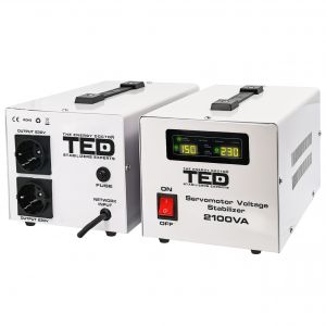 Stabilizator tensiune monofazat 1.2KW 1200W cu ServoMotor si 2 iesiri Schuko + ecran LCD cu valorile tensiunii, TED Electric TED000132