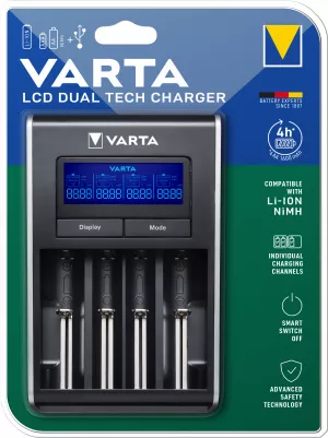 Incarcator Baterii Reincarcabile, Fara Acumulatori, LCD DUAL TECH cu 4 Canale de Incarcare Individuala Ni-Mh Li-Ion, Varta 57676 101 401