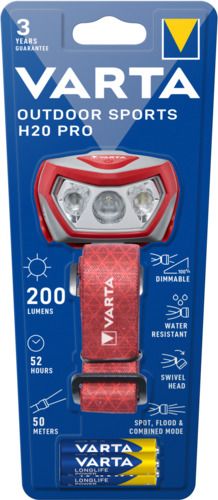 Frontale cu baterii - Varta lanterna de cap Outdoor Sports H20 Pro Led dimabil 200Lm/ 52h/ 50m/ IPX4, incl 3xAAA(R3) V17650101421 (1/4), globstar.ro