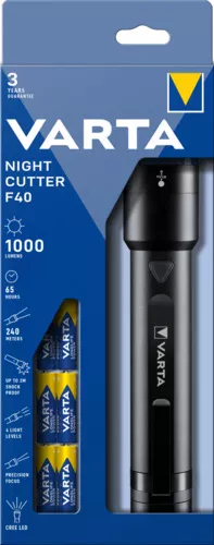 Clasice cu baterii - Varta lanterna Night Cutter F40 Led CREE 14W/ 1000lm/ 240m/ 65h/ metalica/ IPX4 incl 6xAA(R6), globstar.ro