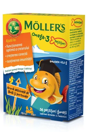 Moller's Pestisori gumati cu Omega-3 aroma de lamai și portocale, 36 jeleuri
