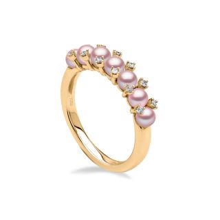 Inel Yoko cu perle, diamante si aur galben de 18k