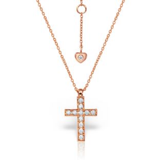 Lant cu pandantiv cruce Maria Granacci aur roz 18k cu diamante