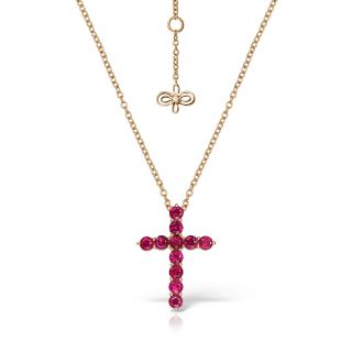 Cruce Opera Deus Mica din aur roz 18K cu diamante si rubine